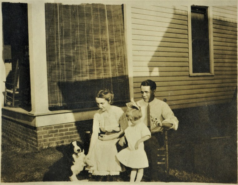 L to R - unidentified family spaniel, Lulu,Dorothy (aka Aunt Corky), and Frank Sands W. and c. 1915 -B