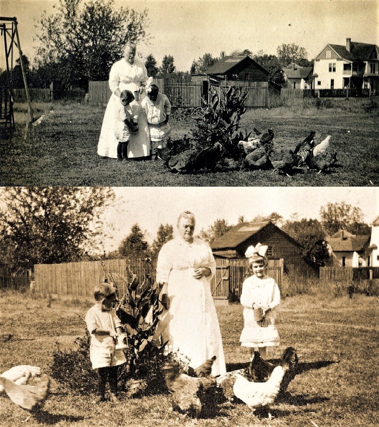 Warren and Dorothy Williss with their Grandma Sarah App alt and chickens