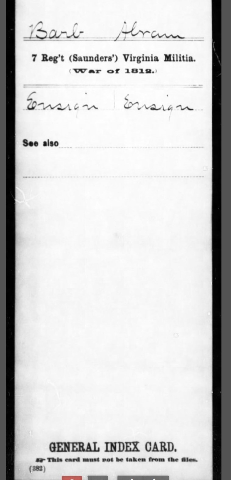 Abram Barb 7th VA Militia War of 1812 index card