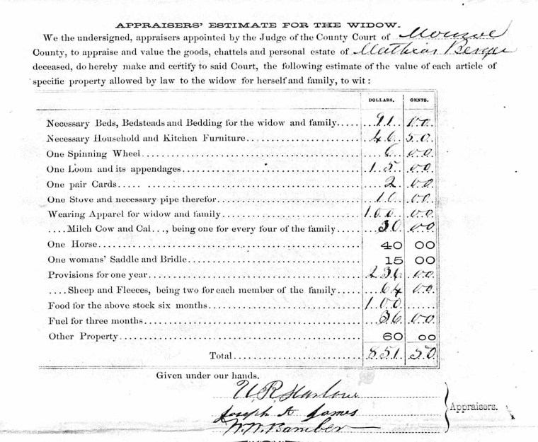 Appraiser Estimate for Widow - in Matthias Berger Probate File 1864