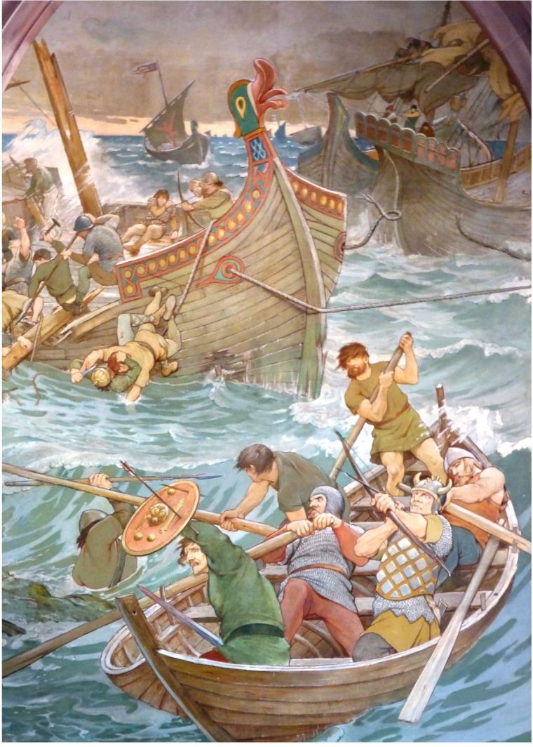 Battle of Larges (1263), detail of viking ships from William Hole mural, Scottish National Portrait Gallery, photographed by CC BY-SA 3.0, httpscommons.wiki