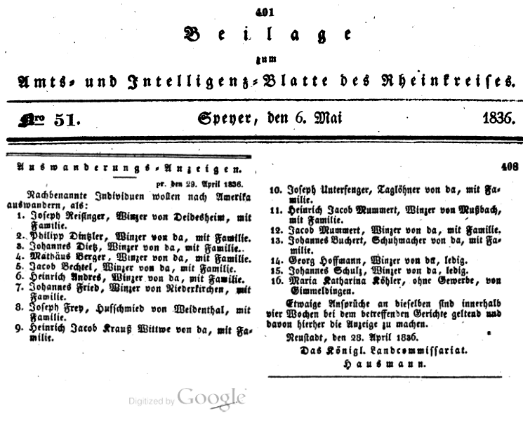 Mathaus Berger-1 - emigration notice in news publication