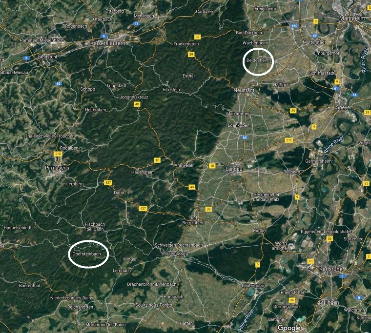 Palatinate Forest showing locations of Ober and Deide