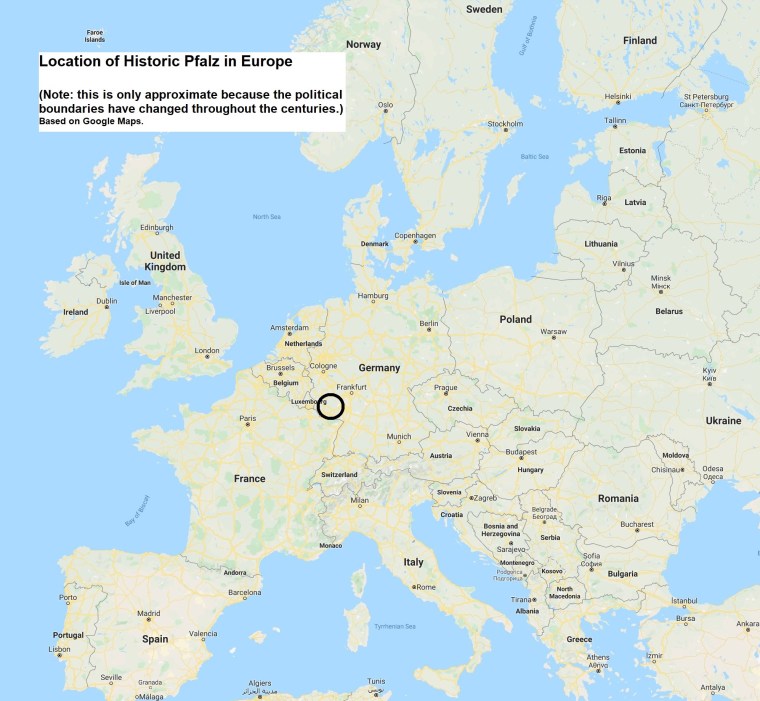 Rough location of Pfalz in Europe (derived from Google Maps)